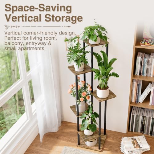 AZERPIAN Plant Stand 5 Tier Indoor Metal Flower Shelf for Multiple Plants Corner Tall Flower Holders for Patio Garden Living Room Balcony Bedroom, Black (Small 6 Tier+Black Rustic Brown) - Image 5