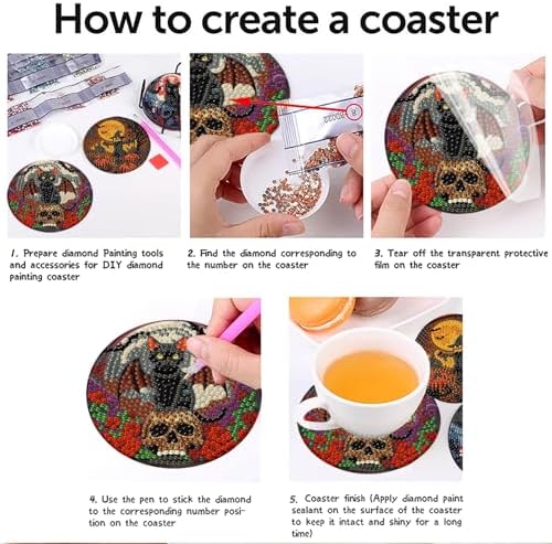 askkqtx 8 Pcs Halloween Diamond Art Coasters Kits with Holder 4X4 Inch - Image 5
