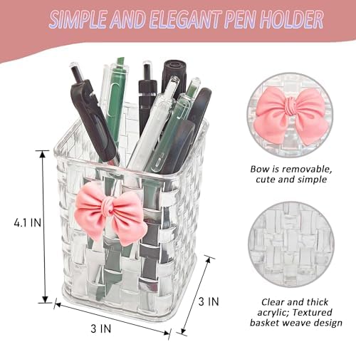 Pen Holder for Desk Cute Acrylic Makeup Brush Holder, Woven Texture with Bow Decor, Desk Stationery Desktop Caddy Cosmetic Accessories for Office, Home, School, Kitchen - Clear White - Image 5