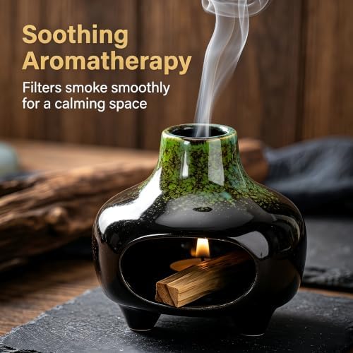 Ceramic Palo Santo Holder Incense Burner,Handcrafted Chiminea Incense Cone Holder Burner Wood Sticks,Ash Catcher,Aromatic Home Decor for Spiritual Rituals,Yoga,Meditation (Green, 4*4*4INCH) - Image 4