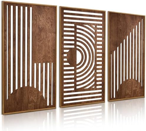 TOARTi Abstract Geometric Framed Wooden Wall Art Decor(16"x32"x3pcs), Large Vintage Mid Century Rectangle Wall Sculptures, Rustic Minimalist Geometry Artwork for Home Bedroom Living Room by TOARTi