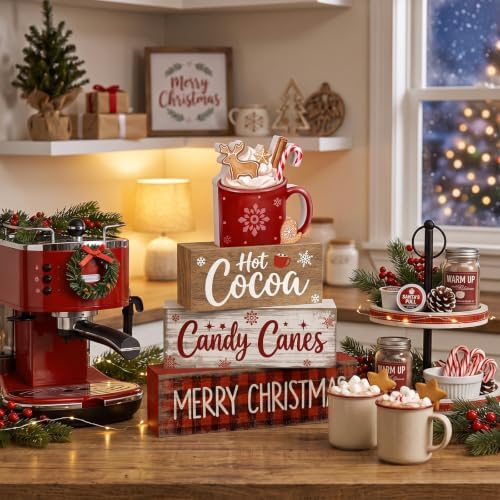 Moucuny 4 Pcs Christmas Table Decorations Wooden Hot Chocolate Cocoa Stacked Wooden Blocks Christmas Tiered Tray Decor with Cocoa Mug, Candy Canes Winter Centerpiece for Home Offiece Coffee Bar - Image 6