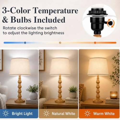 Set of 2 Farmhouse Table Lamps – 21" Vintage Nightstand Lamps with Linen Shades, Rustic Resin Bedside Desk Lamps for Bedroom, Living Room, Office, LED Bulbs Included - Image 2