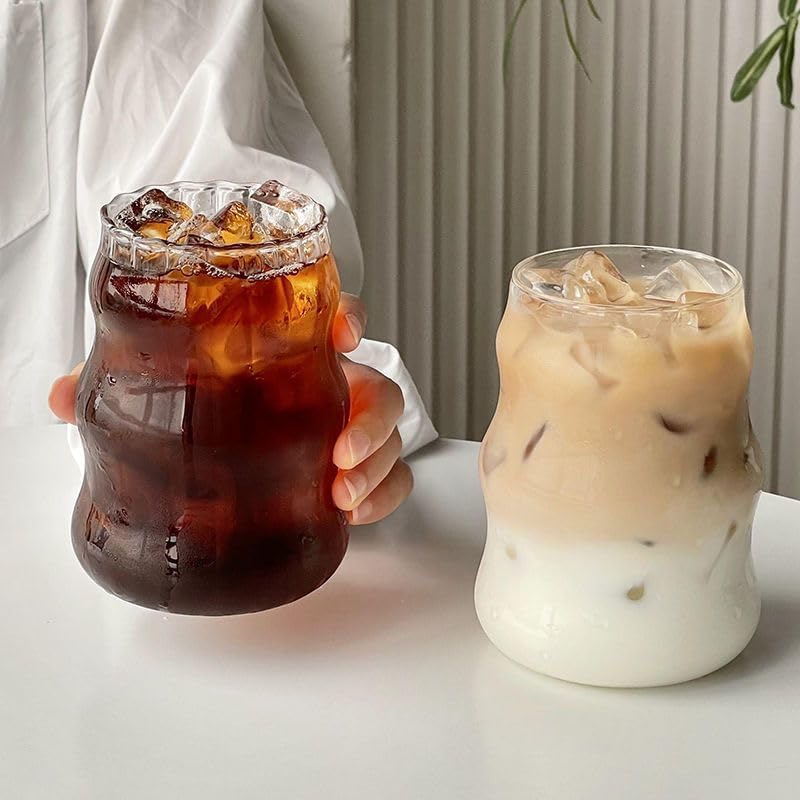 2 Pcs Ribbed Glass Cups, 18 Oz Vintage Drinking Glassware with Wave Shape Design, Bubble Cups for Iced Coffee, Juice, Beverage, Milk, Cocktails, Bubble Tea, - Image 3