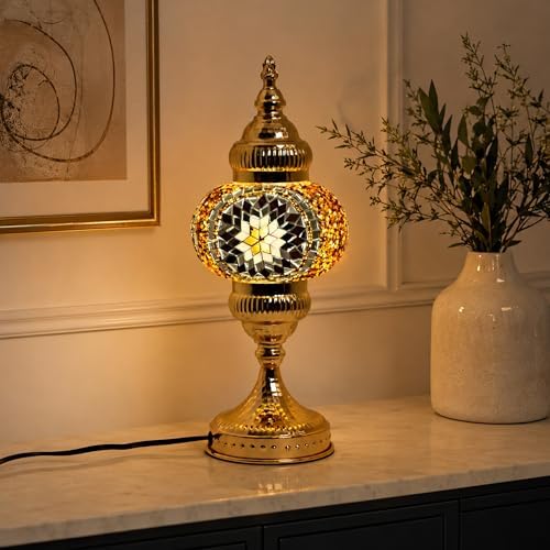 GOGERS Turkish Mosaic Table Lamp, Amber Glass Bedside Lamp with Gold Metal Base, E12 LED Bulb Included, Warm Ambient Decorative Lamp for Bedroom, Living Room, Nightstand, Home Decor Gift (Brown) - Image 6