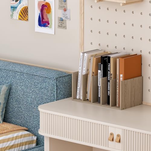 Vertical File Organizer with Five Tiered Compartments, Wood Desk Book Organizer with Storage Compartments for Office, Dorm, Classroom, Brown - Image 4