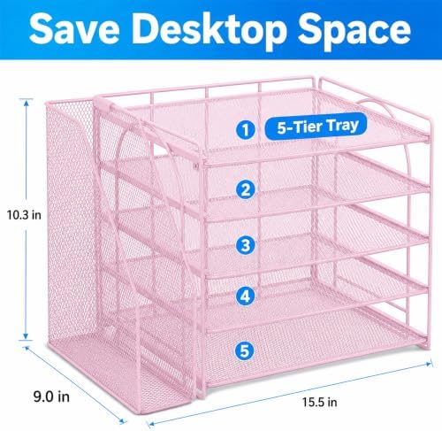 OPNICE Desk Organizer, 5-Tier Paper Organizer Letter Tray, Pink - Image 3
