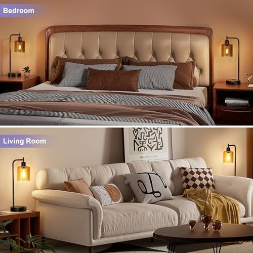 Industrial Touch Nightstand Lamps for Bedrooms Set of 2 - 3-Way Dimmable Table Lamps with USB C+A Ports and Outlet, Bedside Lamps with Amber Glass Shade for Living Room, Desk Lamps for Home Office - Image 5