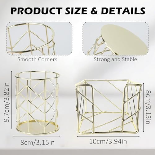 2 Pcs Square Post Note Holder and Circle Pen Holder, Metal suit for Home Office Supplies Workspace School for Desk Organize(Gold) - Image 3