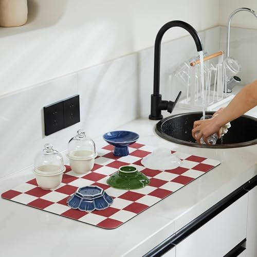 Ohocut Red Checkered Dish Drying Mat for Kitchen Counter, Coffee Bar Station Accessories, Retro Cute Aesthetic Modern Absorbent Drainer Mat Kitchen Drying Mat Easy Clean 19" x 12" - Image 2