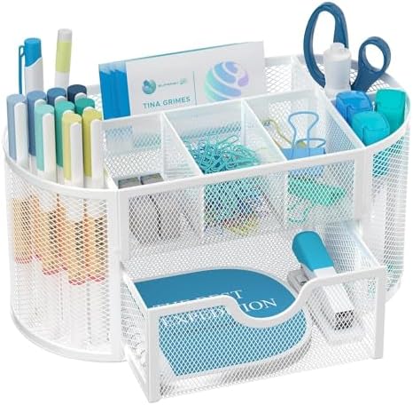 Mesh Desk Organizer with Drawer, 9-Compartment Pen Holder for Desk, White by SUPEASY