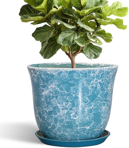 12 Inch Pots for Plants - Ceramic Planter with Drainage Hole and Saucer, Round Large Plant Pot for Indoor Outdoor, Modern Decorative Planters, Home Apartment Decor, House Warming Gift, Blue by SUNPOTFOR