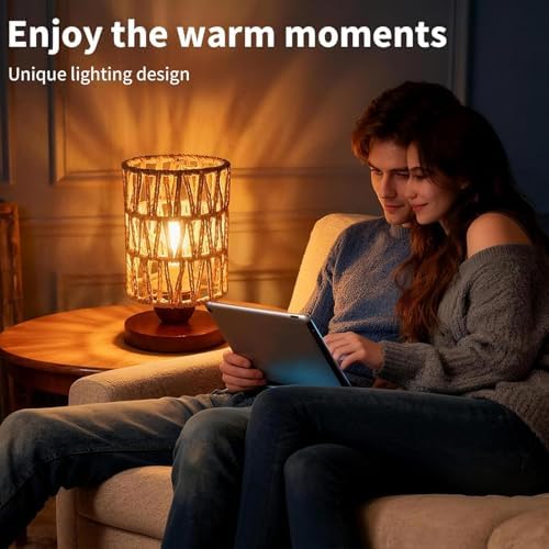 Handmade Rattan Lamp Farmhouse Table Lamp for Bedroom, Stepless Dimming Rustic Woven Lamps for Night Stands with Warm White LED Bulb, Boho-Inspired Boho Lamps for Living Room Kitchen Nook - Image 3