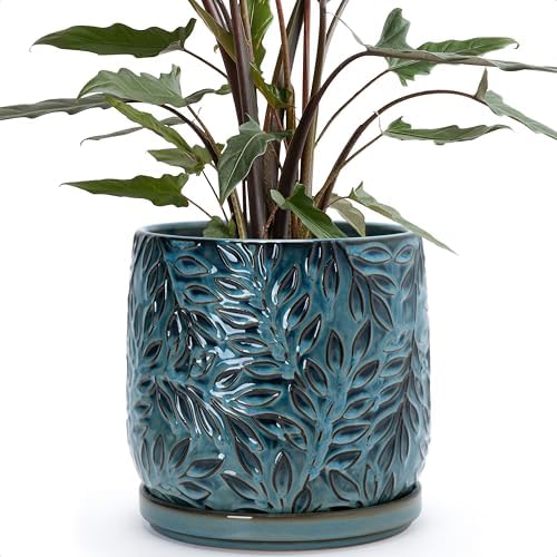 D'vine Dev Embossed Leaves Ceramic Planter, 8 in, Ocean Teal, 27-A-Q-8 by DvineDevPlanterPotsandStand