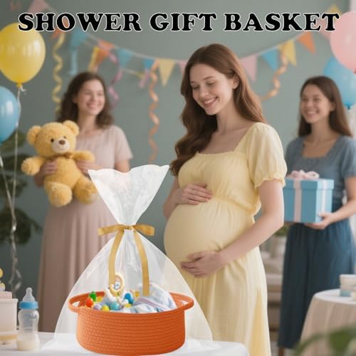 Woven Rope Basket - Baby Gift Basket with Bag & Ribbon, Orange - Image 6