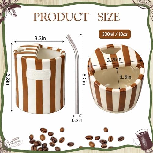 Ceramic Coffee Mugs 10 oz Retro Striped Coffee Mug No Handle with Straw - Image 3