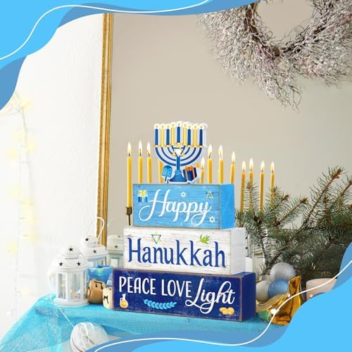 Moucuny 4 Pcs Hanukkah Table Decorations for Home, Wood Menorah Peace Sign - Image 4