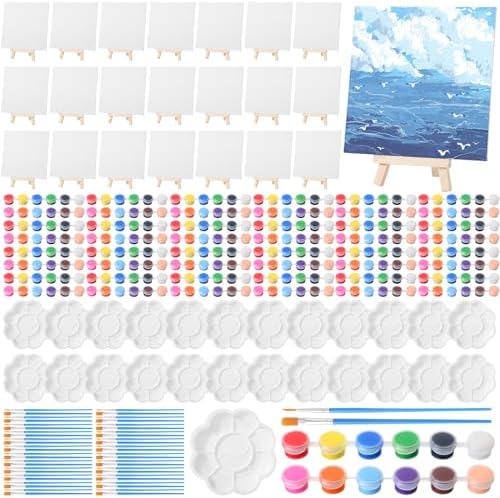 Qilery 24 Set 6 x 6 Inch Canvas Boards and Easel for Painting, Acrylic Paint Strips, Palettes, Brushes, Canvases Painting Kits for Kids Adults Artists Beginners Oil Acrylic Painting Party Favors by Qilery