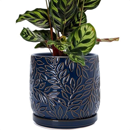 D'vine Dev Embossed Leaves Ceramic Planter, 8 in, Midnight Blue, 27-A-Q-3 by DvineDevPlanterPotsandStand