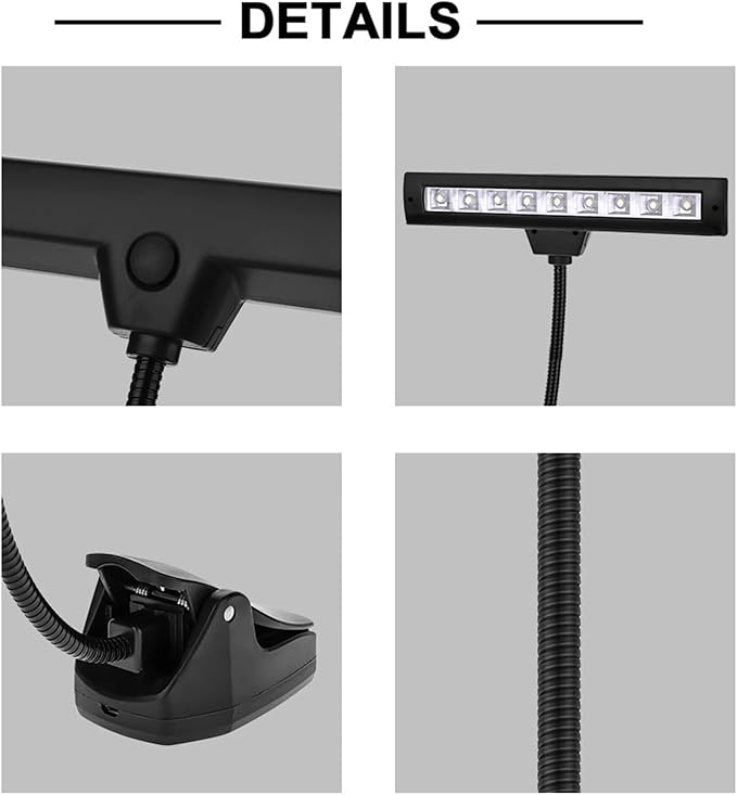 Jeffergarden Portable Flexible Clips On LED Desk Light, Plastic Music Stand Lamp with 9 Bright LEDs and Adjustable Arm for Reading and Performance