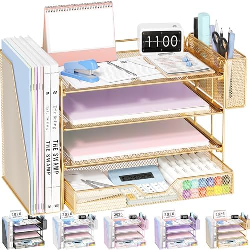 OPNICE Desk Organizers and Accessories, 4-Tier Desktop File Organizer with Drawer and Pen Holders, Office Desk Accessories Workspace Organizers for Office Supplies (Gold) by OPNICE