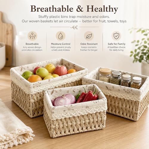 Small Wicker Basket with Liner for Counter, Woven Storage basket Set of 3 - Image 2
