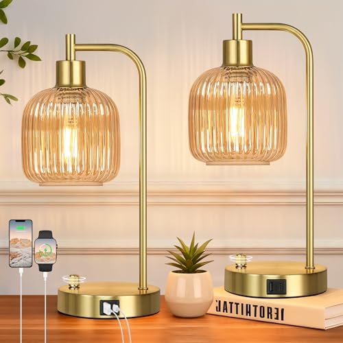 Champagne Glass Table Lamps Set of 2, Dimmable Bedside Lamps for Bedroom by Qimh