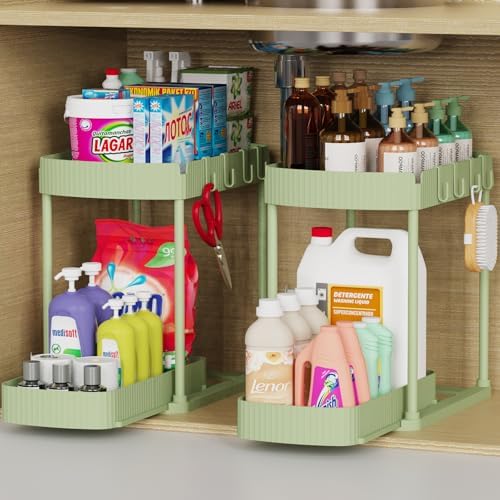 2 Packs Under Sink Pull-Out Storage Organizers, 12.8 Inches, Green by ukeetap