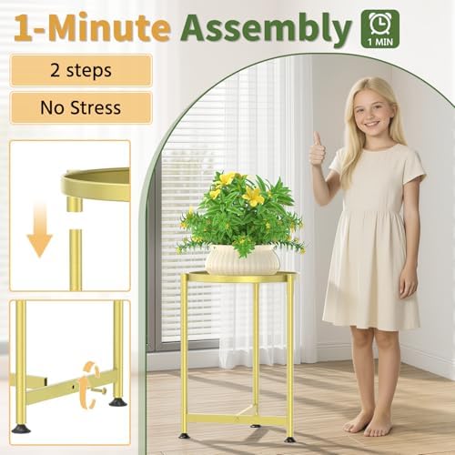LASZOLA Metal Small Plant Stand Indoor Tall with 11 Inch Large Tray, Gold - Image 5