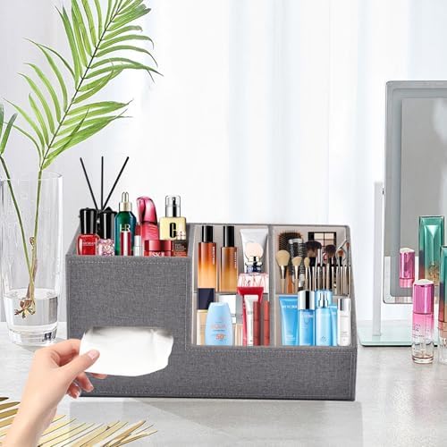 Plus Size Tissue Box Cover-Square Linen Tissue Cover with Side Storage and Tray,Modern Makeup Organizer,Leather Tissue Holder Decorative Cube Organizer for Living Room Vanity NightStand Office,Grey - Image 2