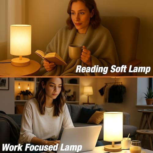 Desk Lamp LED Bulb Included, Small Bedside Table Lamp Plug-in - Classic Wood Base with Flaxen Fabric Shade, Lamps for Night Stands, Simple Nightstand Light for Bedroom, Office, Desk - Image 6