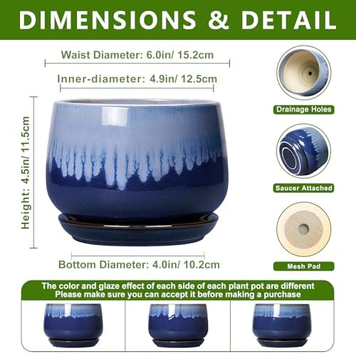 Ceramic Flower Pots, 6 Inch Plant Pot Indoor with Saucer, Deep Blue - Image 2