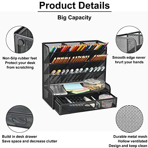 Marbrasse Mesh Pen Holder for Desk, Multi-Functional Pencil Organizer with Drawer, Desk Organizers and Accessories for Office Art Supplies (Large Black) - Image 2