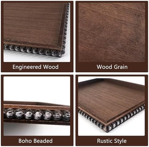 FramePro Decorative Tray 12x16 Rectangular Wood Beaded - Brown Serving Tray for Living Room, Coffee Table, Kitchen or Farmhouse Display - Image 2