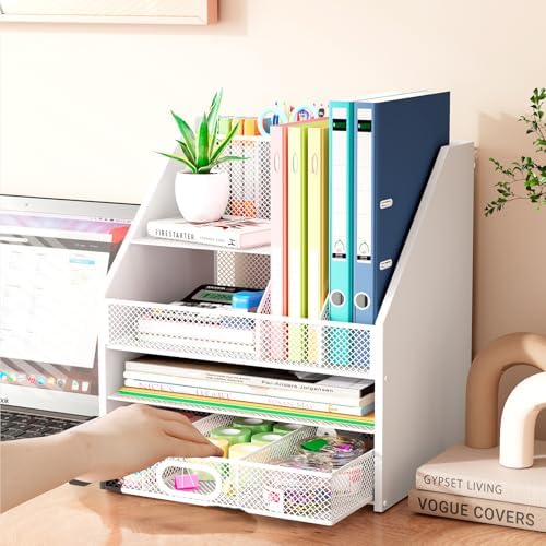 Homsorout Wooden Desk Organizer - Mesh File Organizer with Drawers and Pen Holder - 4-Tier Vertical Paper Letter Storage Tray, Desktop Organizers and Accessories for Home Office （White - Image 2