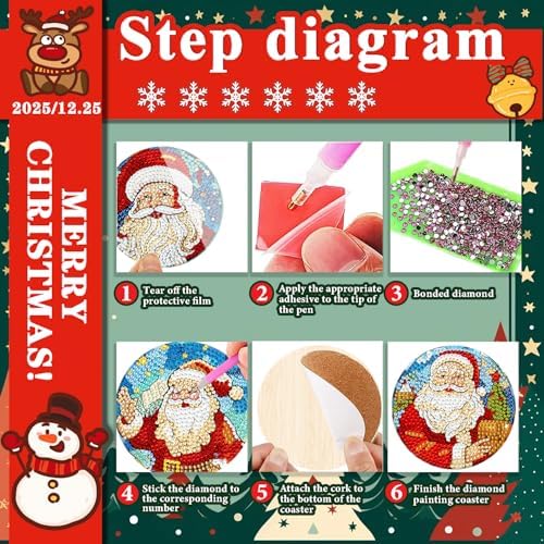 DOTSOPS 8 Pcs Diamond Art Coasters with Holder for Adults Beginners Diamond Craft for Christmas Birthday Gifts (Santa Claus) - Image 4