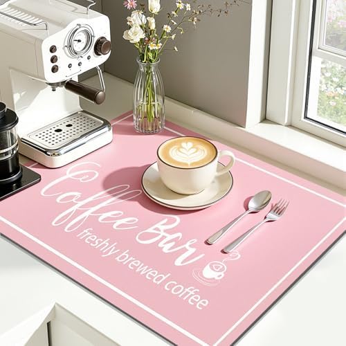 Findosom Dish Drying Mat, 12" x 20" Super Absorbent & Hide Stain Coffee Mat, Cuttable Drying Mat for Kitchen Counter, Coffee Bar Accessories, Under Dish Rack, Coffee Maker, Espresso Machine, Pink by Findosom