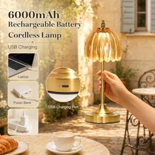 Glass Tulip Table Lamp, Cordless Rechargeable Desk Lamp - Amber - Image 2