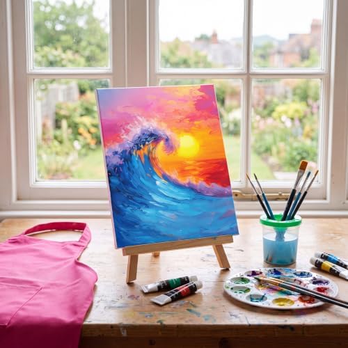 Cholemy 8 Set Paint and Sip Kit for Adults 8'' x 10'' Pre Drawn Canvas with Wooden Easels Acrylic Paint Brushes Wash Cup Palette Apron for Painting DIY Date Night Party Supplies(Sea Wave) - Image 2