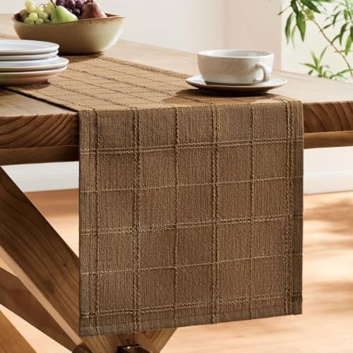 ZeeMart Linen Checked Farmhouse Table Runner, 13x72 Inches Roasted Brown - Image 4