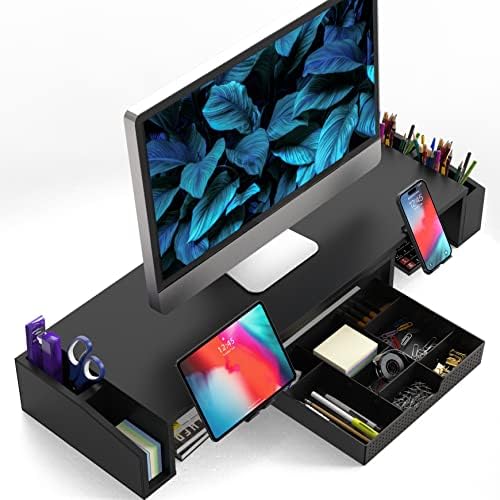 Simple Houseware Desk Dual Monitor Stand Riser with Drawer, Black - Image 2