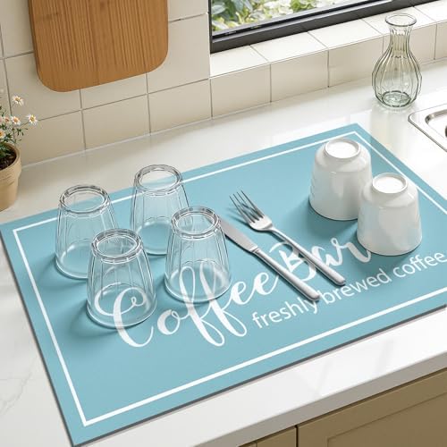 Findosom Dish Drying Mat, 18" x 24" Super Absorbent & Hide Stain Coffee Mat, Cuttable Drying Mat for Kitchen Counter, Coffee Bar Accessories, Under Dish Rack, Coffee Maker, Espresso Machine, Blue - Image 5
