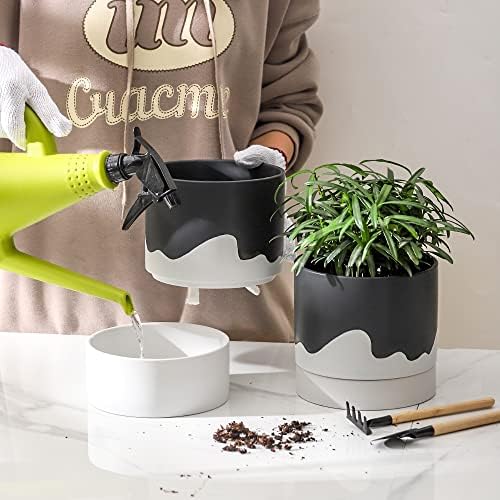 Nihow Ceramic Self Watering Plant Pot for Indoor Plants,6 Inch,Black White - Image 5