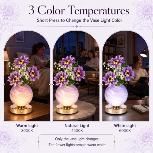 Tulip Table Lamp, Rechargeable Cordless Touch Dimming Artificial Tulip Flower Desk Lamp, LED Flower Bedside Night Light Romantic Gifts for Girl Women Mom (Purple Sunflower) - Image 3
