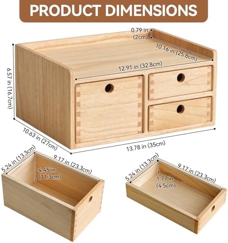 KIRIGEN Wooden Desk Organizer with 3 Drawers and Top Tray Natural DT1D3C-NA - Image 2