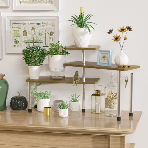 ZHWS Kitchen Corner Shelf Countertop Organizer - 3 Tier Bamboo & Metal Kitchen Organization Plant Stand Living Room Office, Spice Rack On Counter Shelves, Antique - Image 4