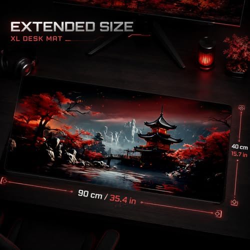 Oriental Gaming Mouse Pad XXL, Large Desk Mat 35.4"x15.7", Non-Slip Waterproof Extended Keyboard Mat for Gaming Office Home (Crimson Pagoda) - Image 3
