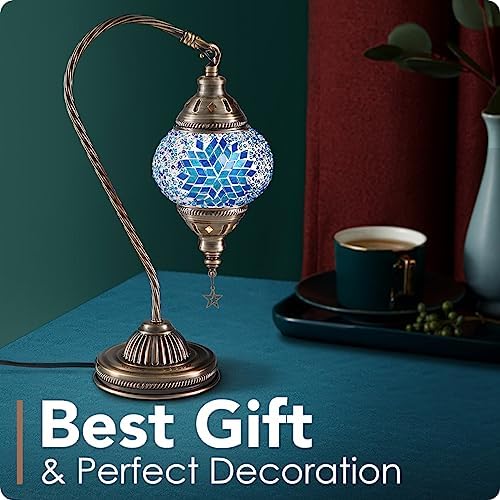Yarra-Decor Turkish Moroccan Lamp with Bronze Base 3 Color Options Handmade Swan Neck Mosaic Glass Bedside Lamps for Bedroom (LED Bulb Included)(Blue2) - Image 3