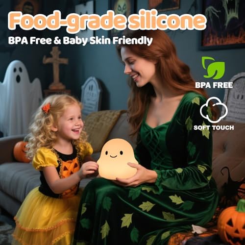 Rytinazzz Halloween Ghost Night Light, Color-Changing & 50-Hour Battery, Spooky-Cute Squishy Lamp for Kids, USB Rechargeable with Timer, Halloween Decor & Gifts - Image 4