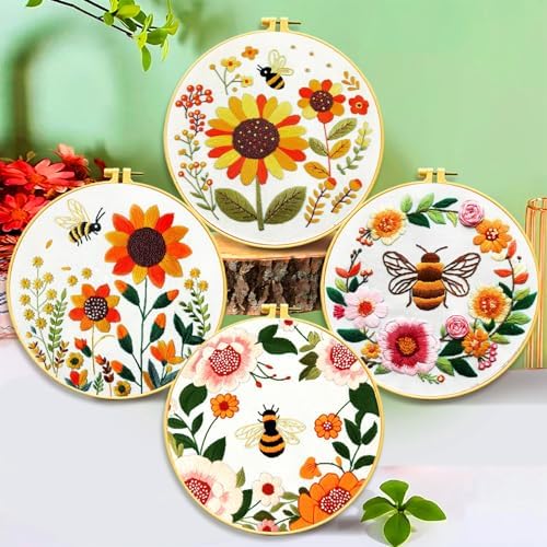 Zhenqing Bees & Flowers Embroidery Kit 11.4x11.4cm - 4-Piece Complete Cross Stitch Set with Pre-Printed Fabric, Threads, Hoop, Needles & Instructions | DIY Craft for Adults, Beginners-Friendly (C0046) - Image 2
